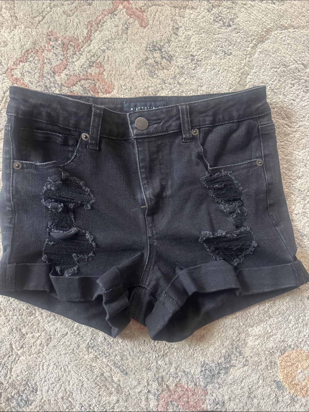 Aeropostale Black Distressed Rolled-Hem Women's Denim Shorts